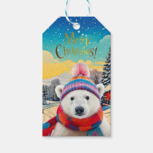 Étiquettes-cadeau Ours polaire chapeau de Père Noël et écharpe Joyeu