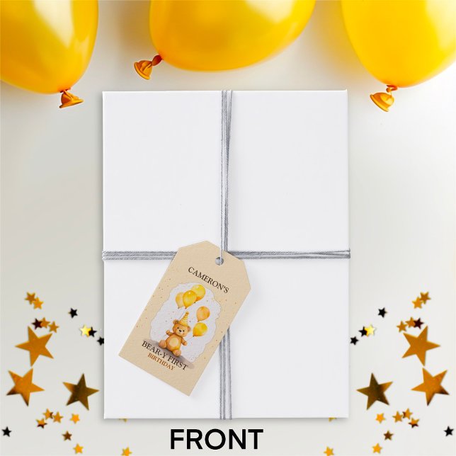 Étiquettes-cadeau Ours Premier anniversaire Sexe Ours jaune neutre (Créateur téléchargé)
