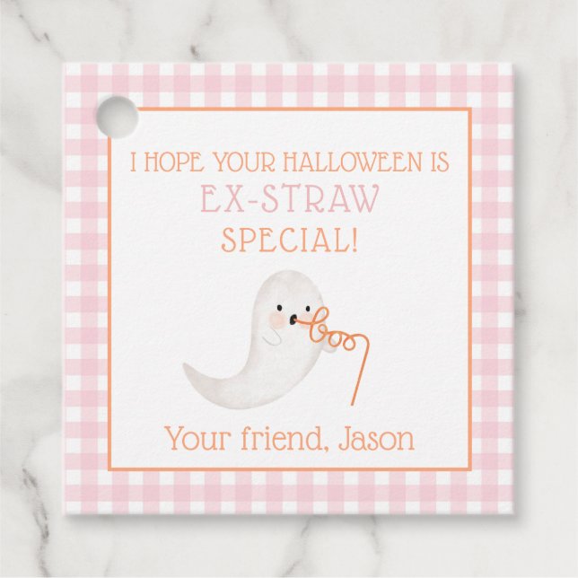 Étiquettes Cadeau Paille d'Halloween rose Orange Ghost Ek paille (Devant)