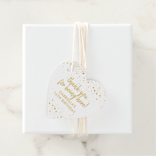 Étiquettes Cadeau Paillettes dorées et roses scintillantes Merci Ann (En situation)