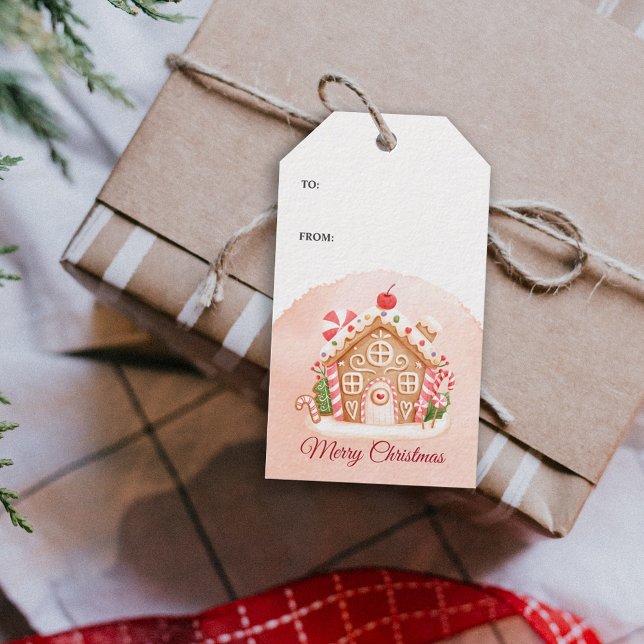Étiquettes-cadeau Pain d'épice rose Maison Fête (Pink Gingerbread House Holiday Party Gift Tags)