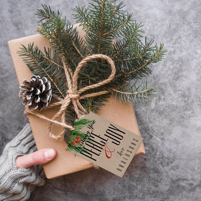 Étiquettes-cadeau Paix Rustique et Joie Baies Rouges Noël Brun (Créateur téléchargé)