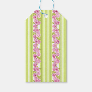 ÉTIQUETTES-CADEAU PÂLE LIME VERT STRIPES & DÉLICATES FLEURS ROSES