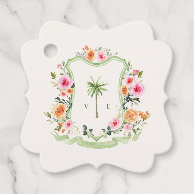 Étiquettes Cadeau Palmier tropical Crest Monogram Beach Mariage (Devant)