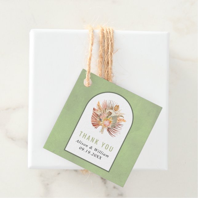 Étiquettes Cadeau Palmiers, pampas herbe sauge vert Merci mariage (En situation)