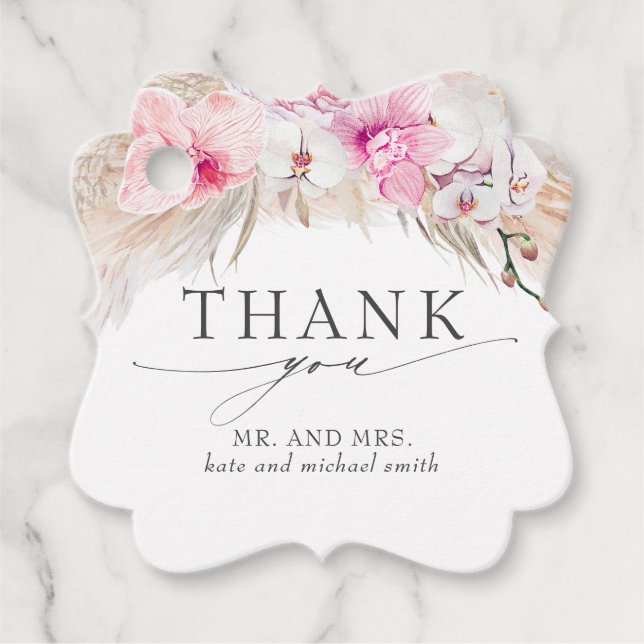 Étiquettes Cadeau Pampas Fleurs roses Grass Merci Mariage (Devant)