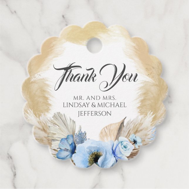 Étiquettes Cadeau Pampas Grass Dusty Blue Floral Mariage Merci (Devant)