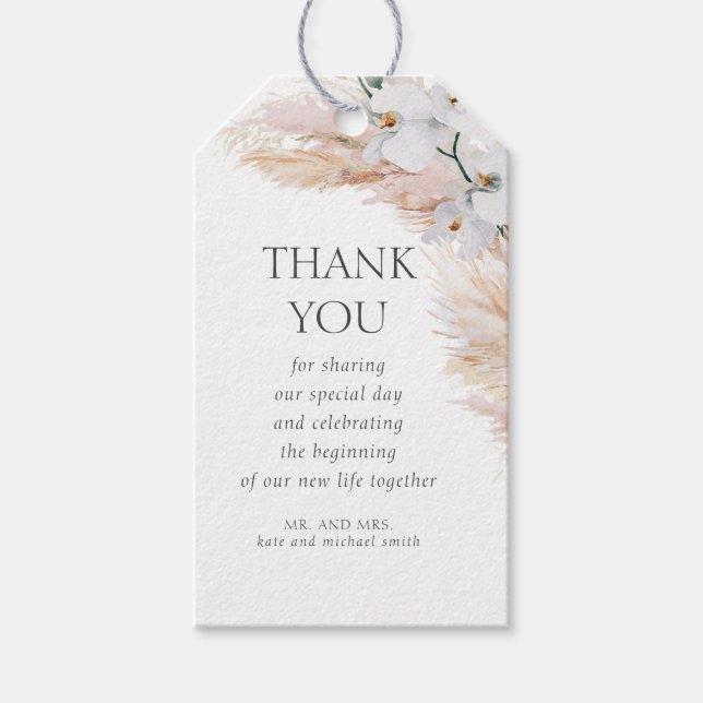 Étiquettes-cadeau Pampas Grass et Orchidées Blanches Merci (Devant)