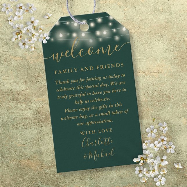 Étiquettes-cadeau Panier d'accueil pour mariage vert et or (Green And Gold Lights Wedding Favor Welcome Basket Gift Tags)