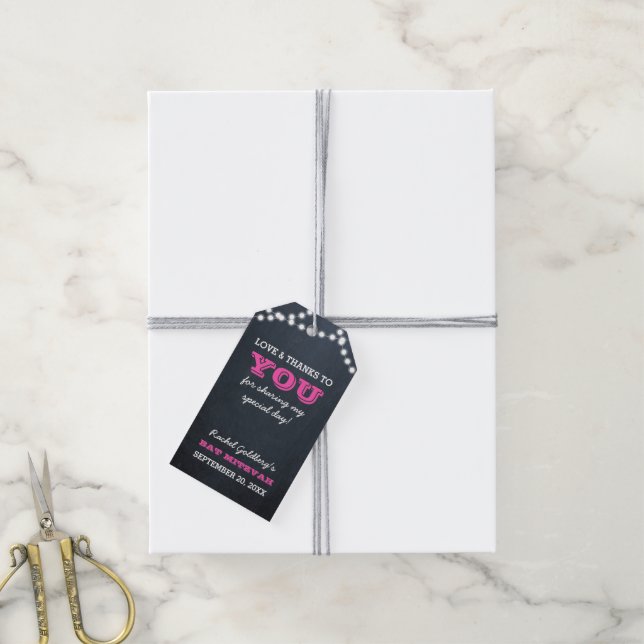 Étiquettes-cadeau Panneaux de tableau lumineux Bat mitzvah rose fonc (Avec de la ficelle)
