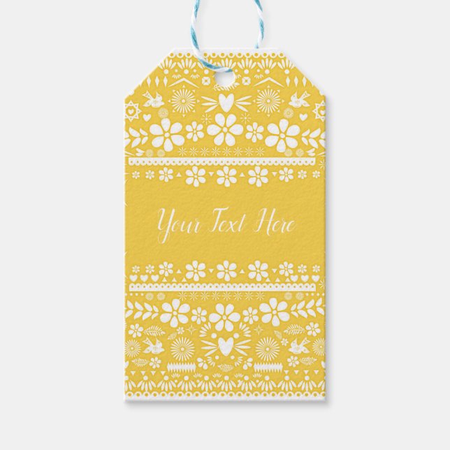 Étiquettes-cadeau Papier Mariage Blanc Jaune Picado Mexicain (Devant)