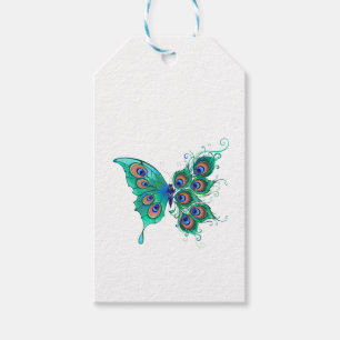 Étiquettes-cadeau Papillon aux plumes de paon vert