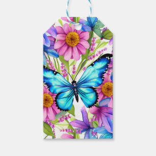 Étiquettes-cadeau Papillon bleu dans un champ de fleurs