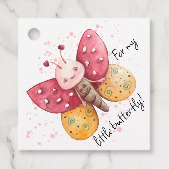 Étiquettes Cadeau Papillon d'aquarelle rose et jaune (Devant)