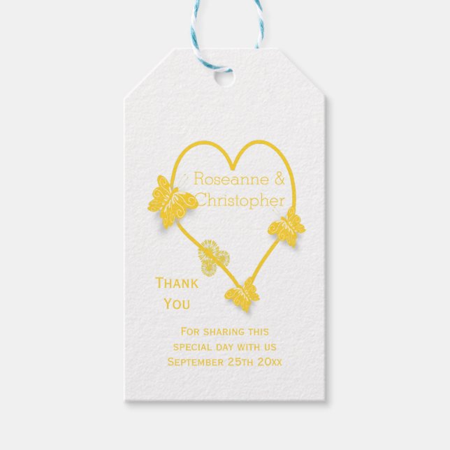 Étiquettes-cadeau Papillon jaune Mariage de conception cardiaque (Devant)