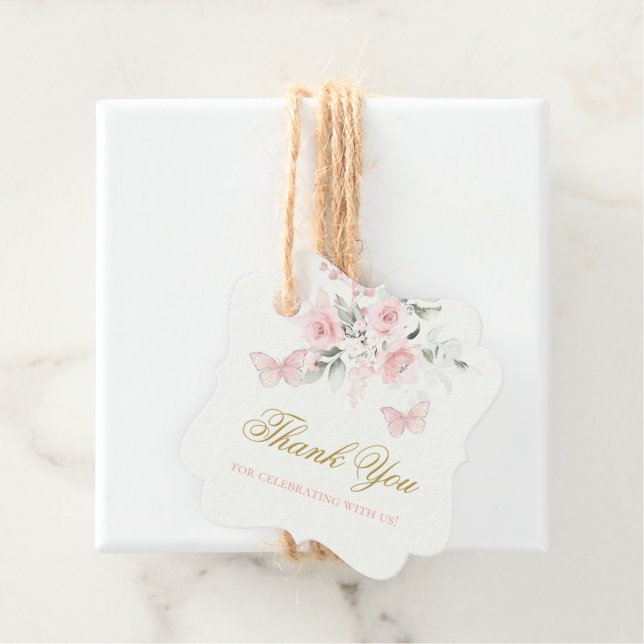 Étiquettes Cadeau Papillon rose Quinceañera (En situation)