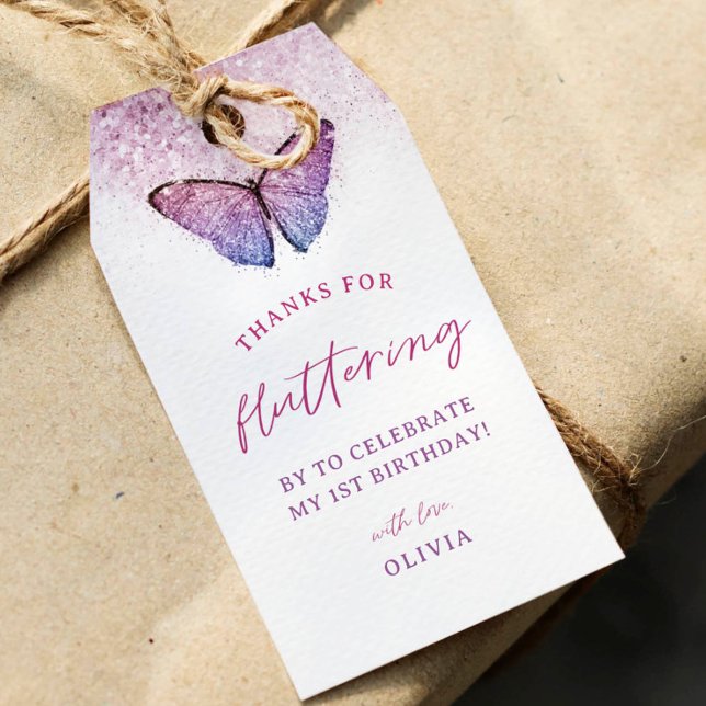 Étiquettes-cadeau Papillon rose violet 1er anniversaire Favoriser (Créateur téléchargé)
