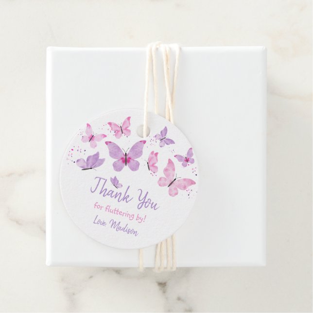 Étiquettes Cadeau Papillon rose violet Anniversaire (En situation)