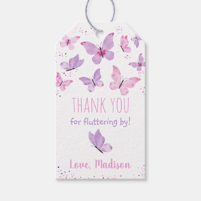 Étiquettes-cadeau Papillon rose violet Anniversaire (Devant)