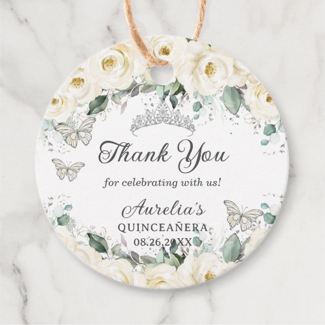 Étiquettes Cadeau Papillons argentés floraux blancs Princesse Tiara (Devant)