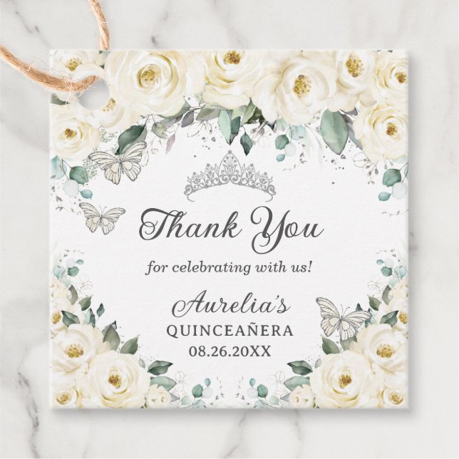 Étiquettes Cadeau Papillons argentés floraux blancs Princesse Tiara (Devant)