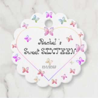 Étiquettes Cadeau Papillons de coeur rose doux 16 Anniversaire