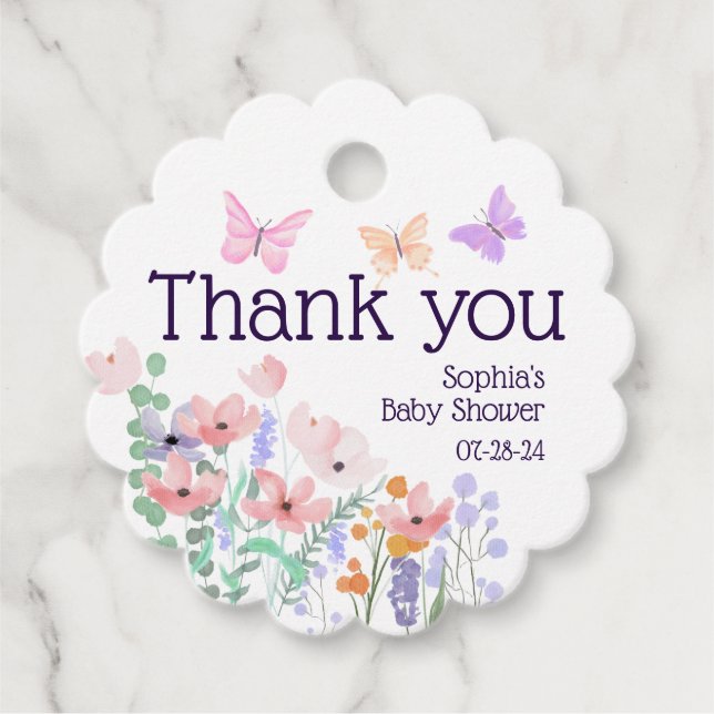 Étiquettes Cadeau Papillons et fleurs Baby shower Merci (Devant)