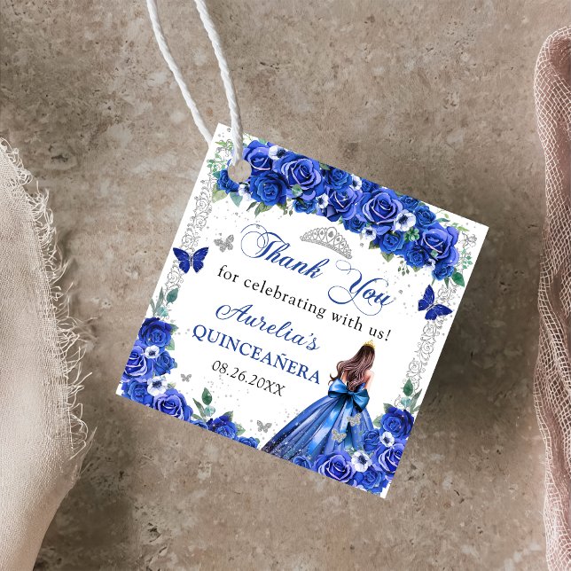 Étiquettes Cadeau Papillons Floraux bleus Quinceañera Princesse (Créateur téléchargé)