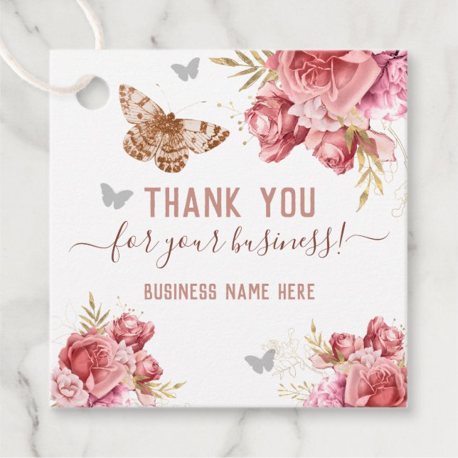 Étiquettes Cadeau Papillons floraux Merci rose (Devant)