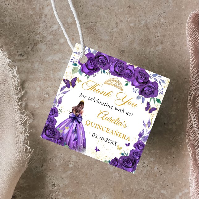 Étiquettes Cadeau Papillons floraux pourpres Quinceañera Princesse (Créateur téléchargé)
