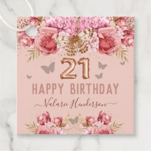 Étiquettes Cadeau Papillons floraux rose heureux 21e anniversaire