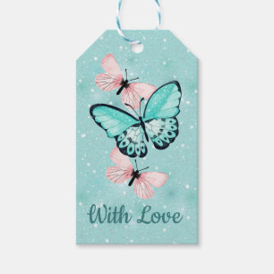 Étiquettes-cadeau Papillons roses et bleus "avec amour "