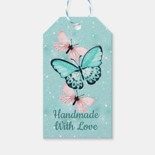 Étiquettes-cadeau Papillons roses et bleus "faits main avec amour "