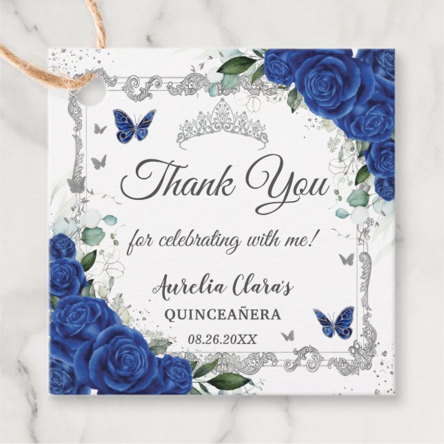 Étiquettes Cadeau Papillons Royal Blue Floral Silver Quinceañera (Devant)