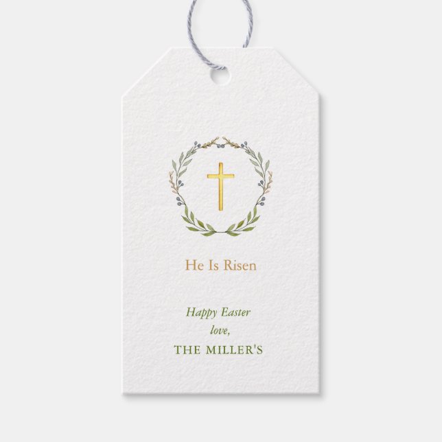 Étiquettes-cadeau Pâques Il est ressuscité, Faux Gold Cross Cadeaux  (Devant)