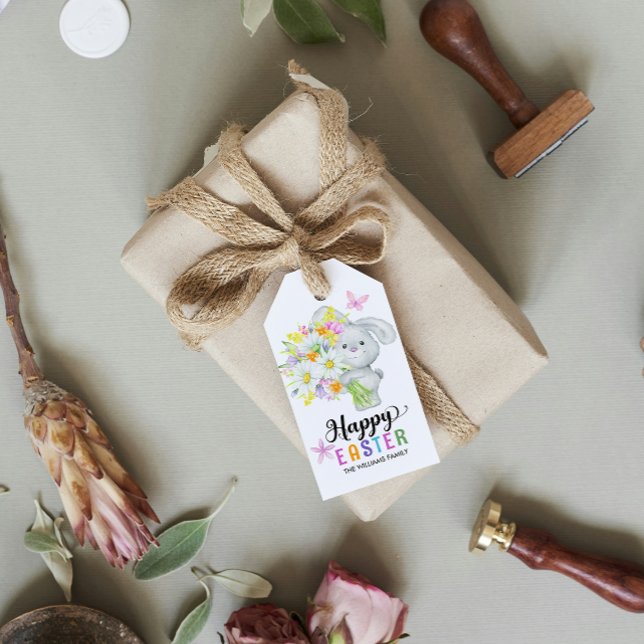 Étiquettes-cadeau Pâques mignonne lapin Aquarelle Fleurs de printemp (Créateur téléchargé)