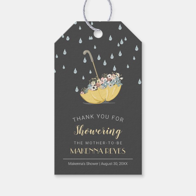 Étiquettes-cadeau Parapluie aux fleurs Baby shower jaune Favoriser (Devant)