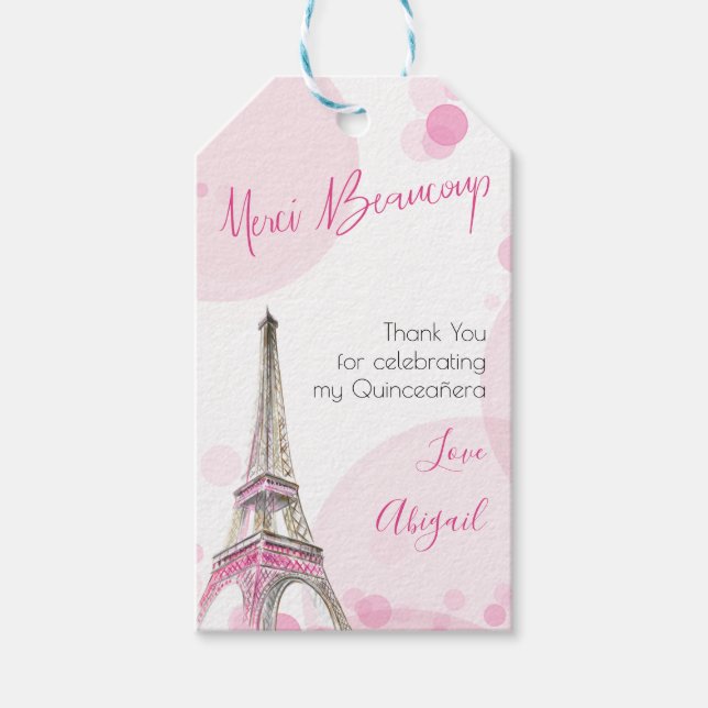 Étiquettes-cadeau Paris Quinceanera Tour Eiffel rose Merci (Devant)