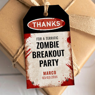 Étiquettes-cadeau Parti Zombie merci avec un signe rouillé et du san
