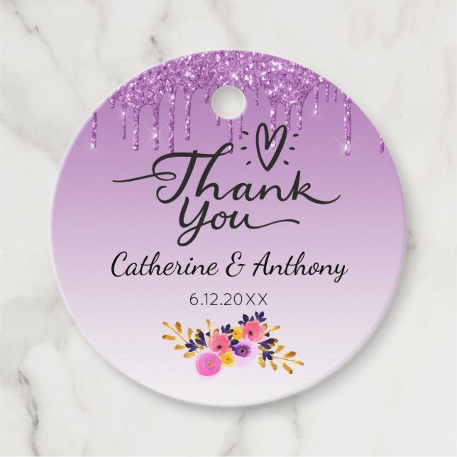 Étiquettes Cadeau Parties scintillant à goutte violette Merci floral (Devant)