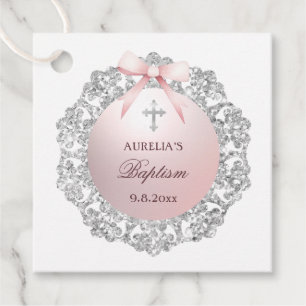 Étiquettes Cadeau Parties scintillant Argent Cadre rose Bow Baptême