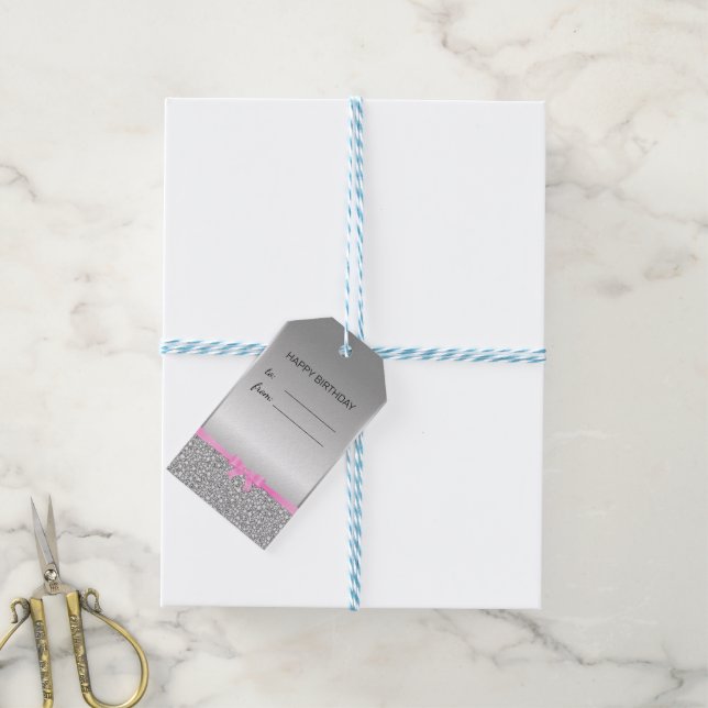 Étiquettes-cadeau Parties scintillant Blanc Et Gris Anniversaire (Avec de laficelle)