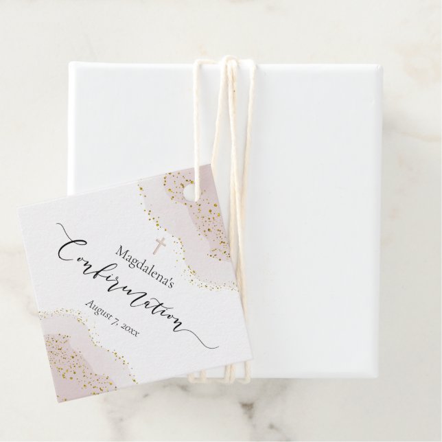 Étiquettes Cadeau parties scintillant d'aquarelle rose faux or Confi (En situation)