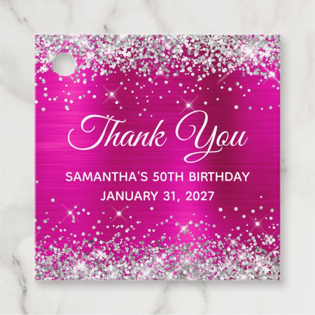 Étiquettes Cadeau Parties scintillant d'argent rose chaud 50e annive (Devant)