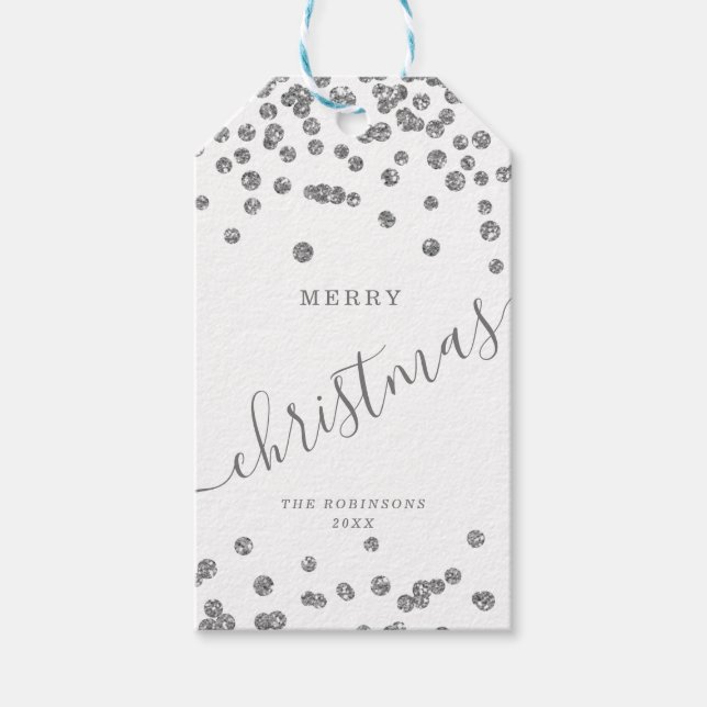 Étiquettes-cadeau Parties scintillant de Noël Silver Confetti Blanc (Devant)