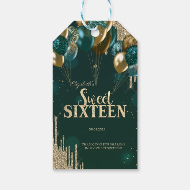 Étiquettes-cadeau Parties scintillant d'or Ballons Green Sweet 16 (Devant)