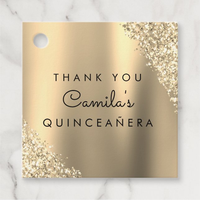 Étiquettes Cadeau Parties scintillant d'or Quinceanera Enregistrer l (Devant)