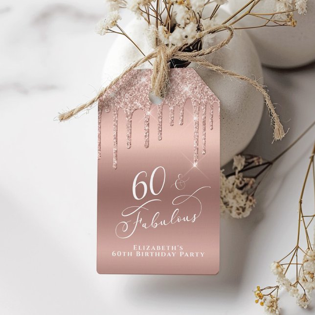 Étiquettes-cadeau Parties scintillant d'or rose 60e fête d'anniversa (Créateur téléchargé)