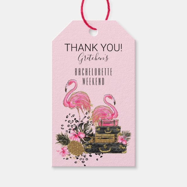 Étiquettes-cadeau Parties scintillant Flamant rose rose valises Merc (Devant)