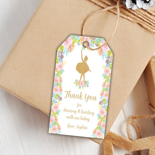 Étiquettes-cadeau Parties scintillant florale Ballerina Anniversaire (Floral Glitter Ballerina Birthday Favor Tags)